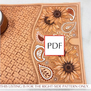 Puede incluir: Un patrón de cuero color canela con una textura de tejido de cesta a la izquierda y un diseño floral con girasoles y formas de cachemira a la derecha. Un cuadrado blanco con borde rojo contiene el texto PDF. El texto inferior dice: THIS LISTING IS FOR THE RIGHT-SIDE PATTERN ONLY.