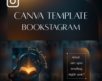 May include: A digital graphic design template for Instagram, featuring the text "CANVA TEMPLATE BOOKSTAGRAM." The design includes a lightbulb with a book inside, the text "Stories that create a spark," and a black square with the text "what are you reading right now?"