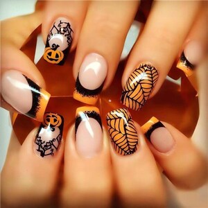 Halloween Pumpkin Spider Web Nails – Orange Black Press On Nails – Spooky Fake Nails