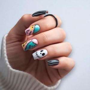 Halloween Press On Nails  | Jack Skellington False Nails | Spooky Cute Hand Painted Nail Art | Sally Patchwork Nails