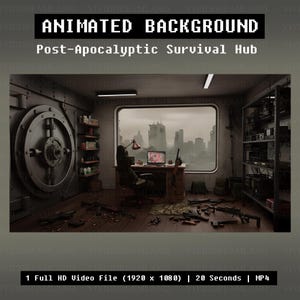 Könnte beinhalten: Ein animierter Hintergrund mit dem Titel "Post-Apocalyptic Survival Hub" zeigt einen Bunkerinnenraum mit Schreibtisch, Waffen und Blick auf eine zerstörte Stadt. Die Szene umfasst eine große Tresortür, Regale mit Vorräten und einen Computer. Die Videodatei ist 1920 x 1080 Pixel groß und 20 Sekunden lang.