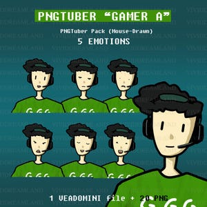 以下が含まれることがあります： 5つの異なる感情表現を持つ、漫画のゲーマーキャラクターをフィーチャーしたデジタルアートパック。キャラクターは緑色のシャツとヘッドセットを着用しています。画像には「PNGTUBER 'GAMER A'」と「5 EMOTIONS」と書かれています。