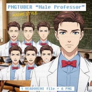 May include: Digital art featuring a male professor in anime style. The professor is depicted with various facial expressions, wearing a white lab coat, a light blue shirt, and a red bow tie. The image includes the text "PNGTUBER 'Male Professor'" and "ANIME STYLE".
