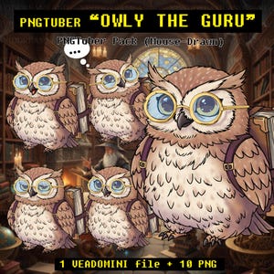 May include: Digital illustration of an owl character wearing glasses and a backpack, with the text "OWLY THE GURU" and "PNGTuber Pack". The owl is brown and white, with a book and thought bubble.