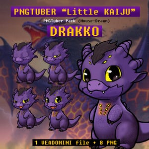 May include: Digital art featuring a purple cartoon dragon with yellow eyes and a black crest. The image includes the text "PNGTUBER Little KAIJU" and "DRAKKO". The pack includes 1 VEADOMINI file and 8 PNG files.