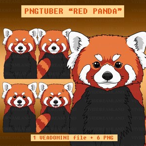 Op de afbeelding: Digitale illustratie van een rode panda met verschillende gezichtsuitdrukkingen. De panda heeft oranje vacht, witte accenten en een zwarte borst en staart. De afbeelding bevat de tekst "PNGTUBER 'RED PANDA'" en "1 VEADOMINI file + 6 PNG".