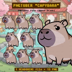 May include: A digital art pack featuring multiple cartoon capybara illustrations in various poses. The image includes the text "PNGTUBER 'CAPYBARA'" and "PNGTuber Pack (Mouse-Drawn)". The pack contains 1 VEADOMINI file and 13 PNG files.