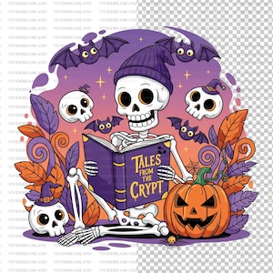 Könnte beinhalten: Eine Halloween-Illustration mit einem Skelett, das ein Buch mit dem Titel "Tales from the Crypt" liest. Das Skelett trägt eine lila Mütze und ist von Fledermäusen, Totenköpfen und einem Kürbis umgeben. Die Farbpalette umfasst Lila, Orange und Weiß.