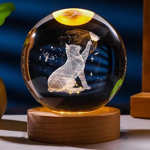 May include: A clear glass sphere with a 3D cat design, illuminated by a warm light. The sphere sits on a wooden base, creating a decorative and artistic display. The cat is reaching for a hand holding a feather.