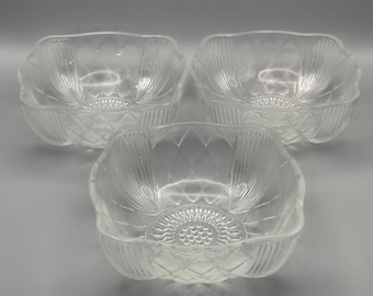 Vintage Set of 3 Clear Pressed Glass Dessert Bowls Square Floral Fruit Dishes