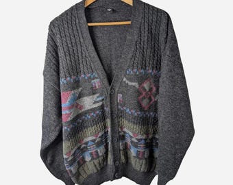 Vintage C&A Men's Wool Blend Cardigan XL, Retro Patterned Button-Up Sweater
