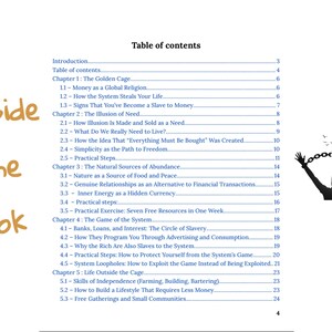 May include: A book's table of contents with the title "Inside The Book" in a handwritten font. The contents include chapters on money, need, abundance, and the system. A silhouette of a person breaking free from chains is in the image.