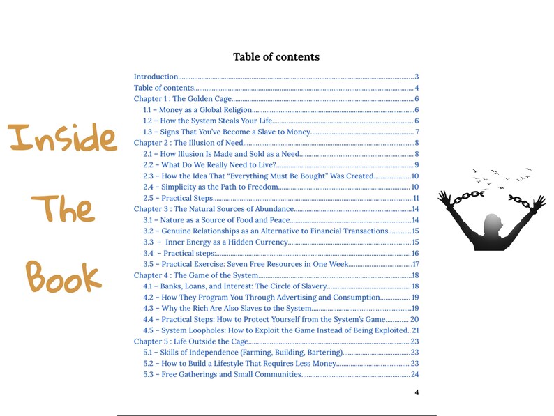 May include: A book's table of contents with the title "Inside The Book" in a handwritten font. The contents include chapters on money, need, abundance, and the system. A silhouette of a person breaking free from chains is in the image.