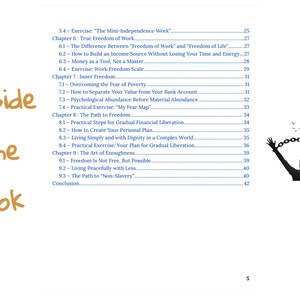 May include: A book's contents page with the title "Inside The Book" in orange script. The table lists chapter titles such as "True Freedom of Work" and "The Path to Freedom." A silhouette of a person breaking chains is in the upper right.