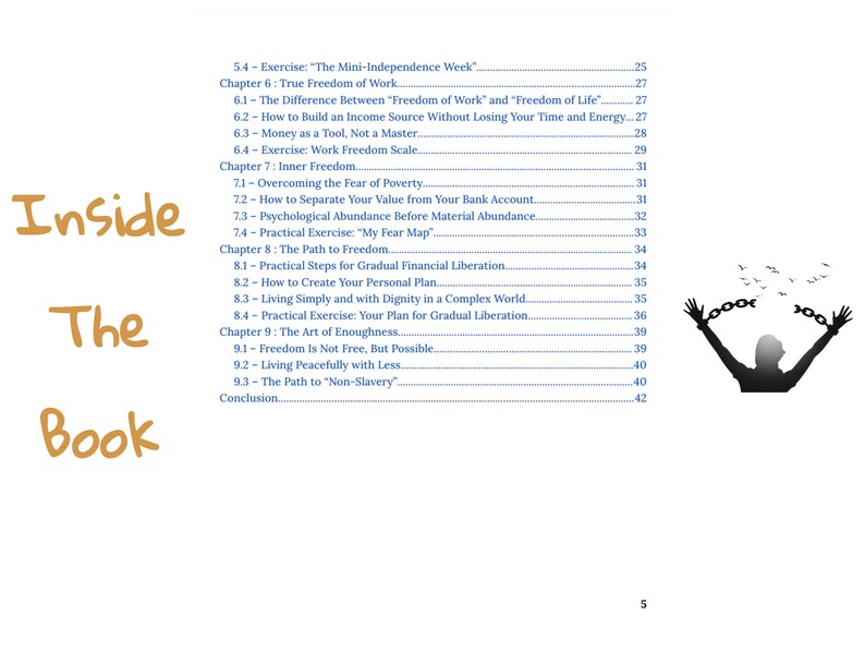 May include: A book's contents page with the title "Inside The Book" in orange script. The table lists chapter titles such as "True Freedom of Work" and "The Path to Freedom." A silhouette of a person breaking chains is in the upper right.