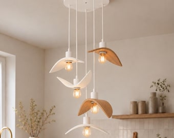 Unique multi pendant light, wood hanging lamp, handmade modern chandelier, ambient lighting