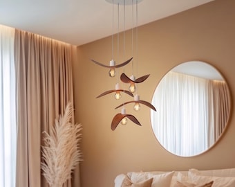 Boho chandelier, wood lampshade, handcrafted pendant lamp, hanging ceiling light
