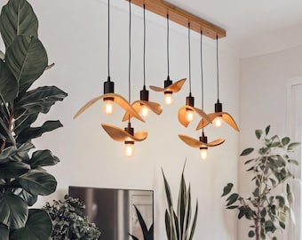 Minimalist linear chandelier, wood pendant light, handmade lamp, living room lighting