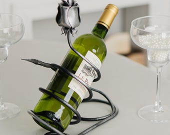 Wine bottle holder with metal rose, unique wine storage, wine accessory, 6th anniversary gift, metal rose decor, gift for wine lovers