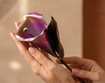 Purple wrought iron calla lily, personalized anniversary gift for wife, handmade metal forever flower