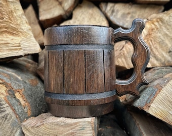 Large viking tankard, rustic wooden beer mug, handmade celtic stein for men