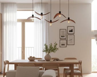 Wooden linear chandelier, kitchen island lamp, modern light fixture, unique dining table light