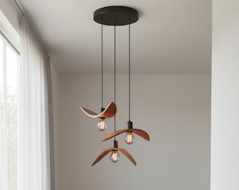 Wood stairwell chandelier, dining table cluster light, modern staircase lighting, hanging lamps