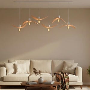 Wood beam pendant light, handmade linear chandelier, japandi ceiling lamp