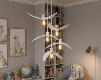 Handcrafted pendant light, white hanging lamp, wood lampshade, kids room chandelier