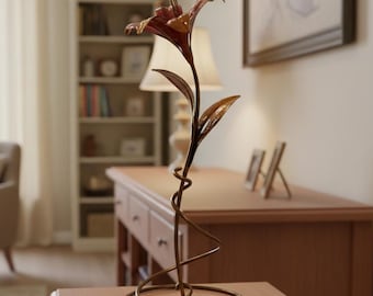 Iron lily with stand, everlasting flower sculpture, forever metal bloom, steel anniversary decor