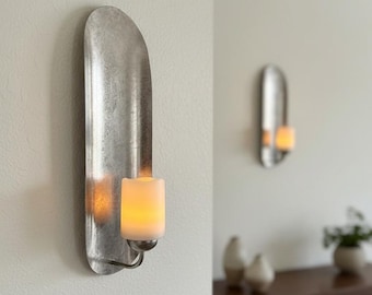 Antique wall sconce, metal pillar candle holder, entryway light decor