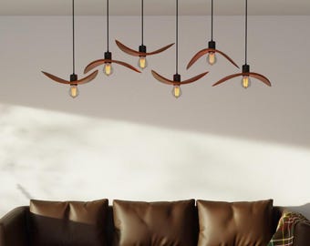 Lampada a sospensione realizzata a mano, lampada da isola cucina in legno, lampadario lineare