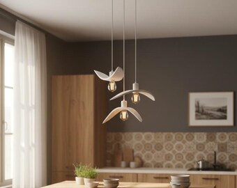 White wooden dining table light, sculptural kitchen island lamps, modern cluster lighting