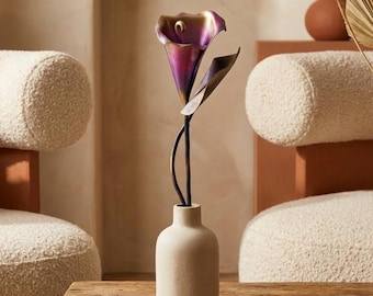 Wrought iron calla lily sculpture, hand forged eternal flower with a personalized wood stand, romantic anniversary gift for wife