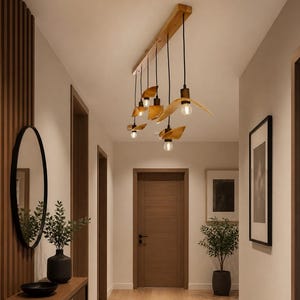 Hanging wood pendant light, handmade linear chandelier lighting, ceiling lamp