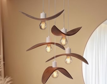Natural wood pendant light, japandi lamp, bedroom lighting, handmade chandelier