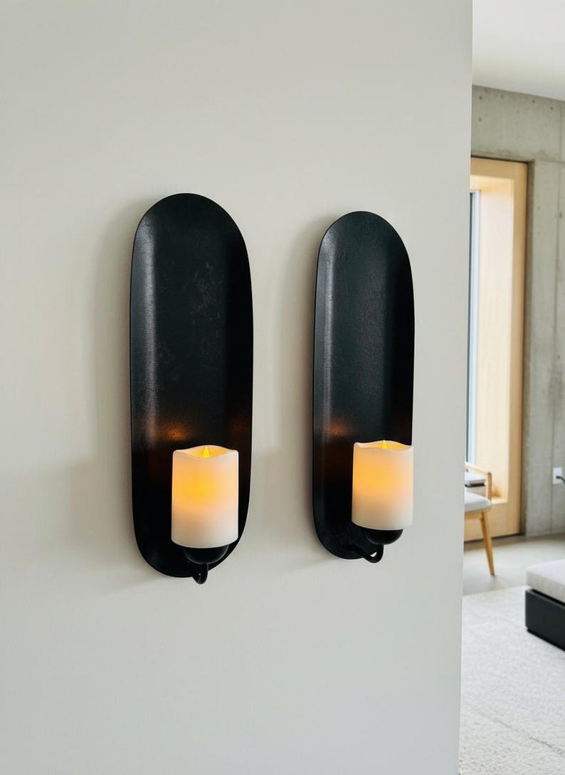Black gothic wall sconce pair, metal pillar candle holder, renaissance living room decor