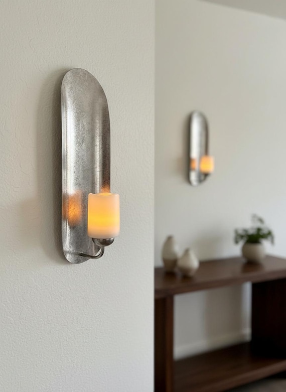 Antique wall sconce, metal pillar candle holder, entryway light decor