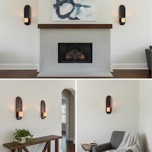 May include: Interior design featuring a fireplace with a dark wood mantel, a painting with blue and white abstract art, and two sconces with lit candles. Additional images show a console table and a gray armchair.
