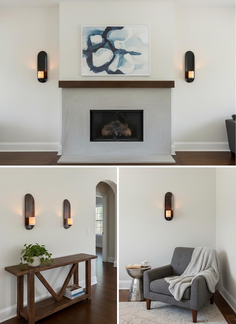May include: Interior design featuring a fireplace with a dark wood mantel, a painting with blue and white abstract art, and two sconces with lit candles. Additional images show a console table and a gray armchair.