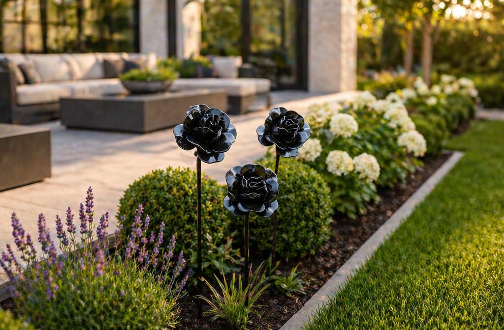 Tall hand forged garden stakes set, metal outdoor decor, wrought iron flowers gift