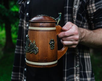 Mens wooden rustic mug, celtic beer cup, nordic tankard for husband