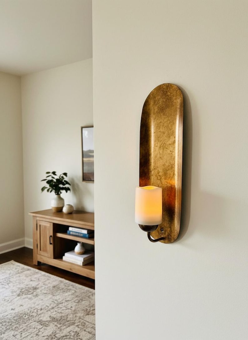 Metal wall mounted sconce, pillar candle holder, antique living room decor
