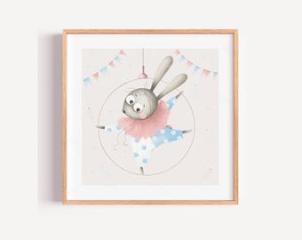 The Quiet Acrobat Rabbit— Hand-Drawn Poetic Circus Art Print, 12×12