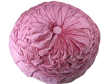 Vintage Round Velvet Cushion - Pink Velvet Tufted Retro 70s Refurbished 41cm