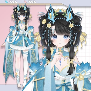 以下が含まれることがあります： 青と白の衣装を着たキャラクターのイラスト。キャラクターは黒髪、青い目を持ち、花柄や装飾的なアクセサリーで飾られています。デザインは伝統的な要素とファンタジー要素を組み合わせています。