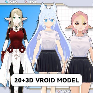 May include: Three 3D Vroid models are displayed. One model wears a dark red dress with white accents. The other two models wear white t-shirts and black pleated skirts. The text "20+3D VROID MODEL" is displayed in a white rectangle.