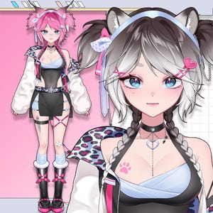 Puede incluir: Ilustración digital de un personaje con cabello rosa y blanco, ojos azules y orejas de gato. El personaje viste un atuendo blanco y negro con diseño de leopardo, gargantilla y botas. El fondo es rosa.