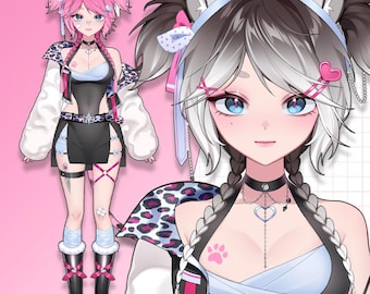 May include: Digital illustration of a character with pink and white hair, blue eyes, and cat ears. The character wears a black and white outfit with a leopard print design, a choker, and boots. The background is pink.
