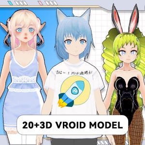 May include: Three anime-style characters are displayed. The central figure wears a white t-shirt with a rocket graphic and Japanese text. The text "20+3D VROID MODEL" is at the bottom. The characters have blue, blonde, and green hair.